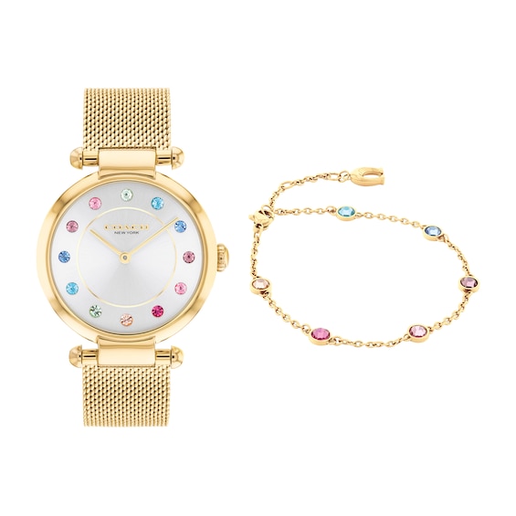 Ladiesâ Coach Cary Multi-Color Crystal Gond-Tone IP Mesh Watch and Bracelet Set (Model: 14000112)