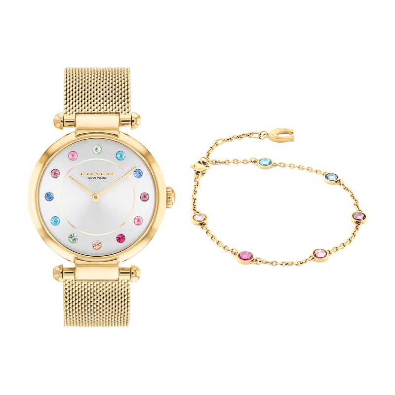 Main Image 1 of Ladies’ Coach Cary Multi-Color Crystal Gond-Tone IP Mesh Watch and Bracelet Set (Model: 14000112)