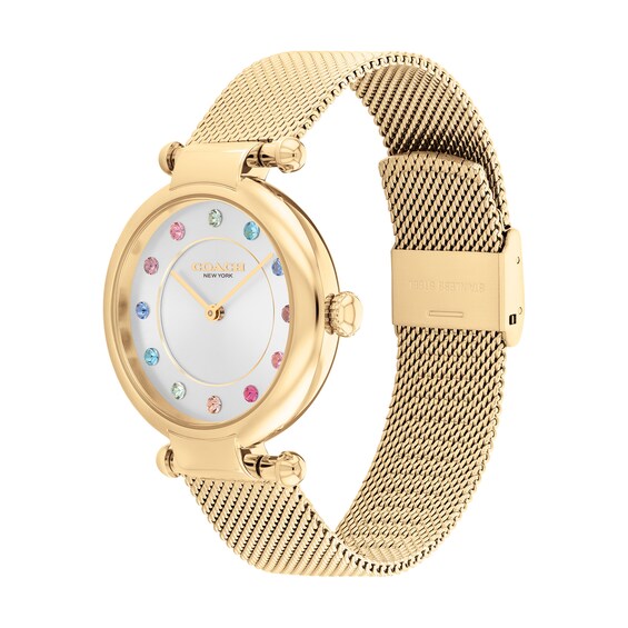 Ladiesâ Coach Cary Multi-Color Crystal Gond-Tone IP Mesh Watch and Bracelet Set (Model: 14000112)