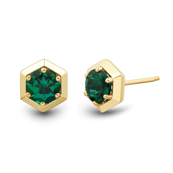 6.0mm Lab-Created Emerald Solitaire Hexagon Frame Stud Earrings in Sterling Silver with 14K Gold Plate