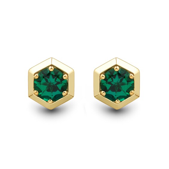 6.0mm Lab-Created Emerald Solitaire Hexagon Frame Stud Earrings in Sterling Silver with 14K Gold Plate