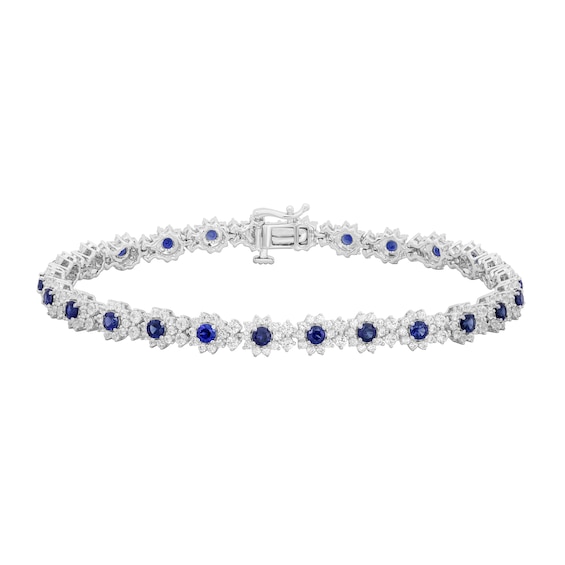 Blue and White Lab-Created Sapphire Flower Frame Bracelet in Sterling Silver - 7.5â