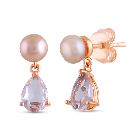 5.0mm Pink Freshwater Cultured Pearl and Pear-Shaped Morganite Drop Earrings in 10K Rose Gold