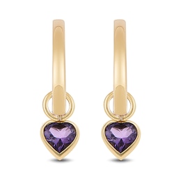 4.0mm Heart-Shaped Amethyst Bezel-Set Dangle Hoop Earrings in 10K Gold