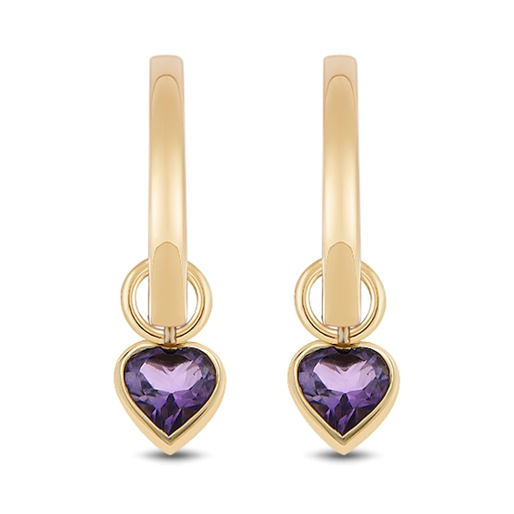4.0mm Heart-Shaped Amethyst Bezel-Set Dangle Hoop Earrings in 10K Gold