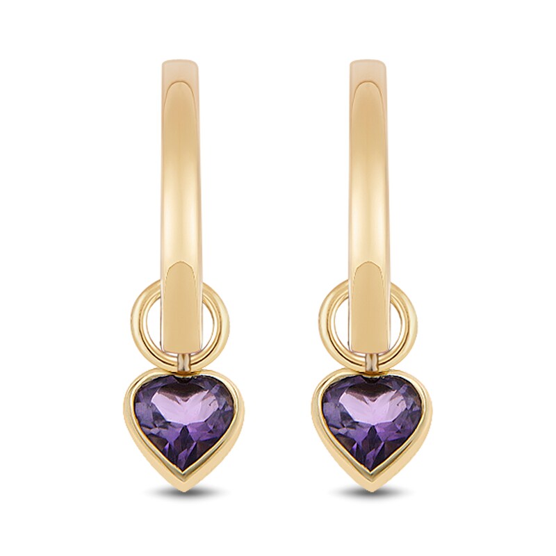 Main Image 1 of 4.0mm Heart-Shaped Amethyst Bezel-Set Dangle Hoop Earrings in 10K Gold