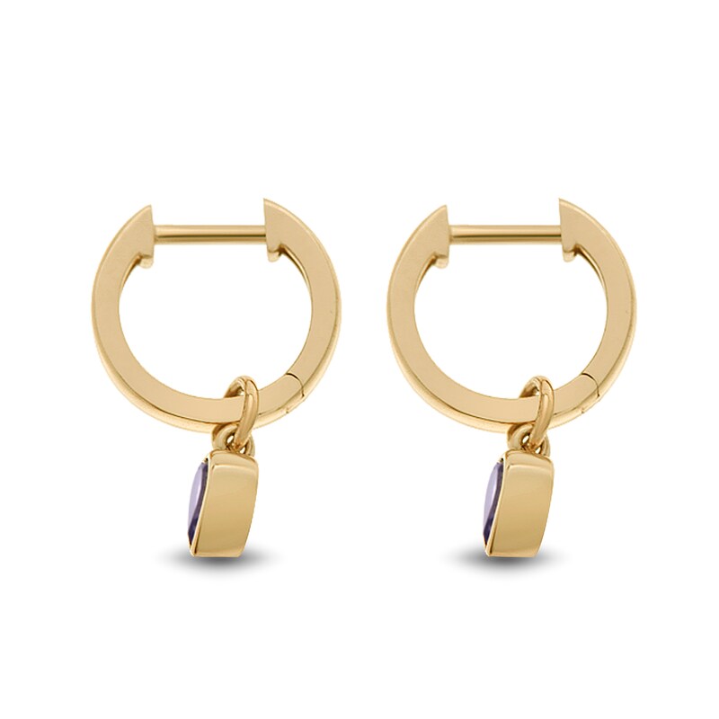 Main Image 2 of 4.0mm Heart-Shaped Amethyst Bezel-Set Dangle Hoop Earrings in 10K Gold