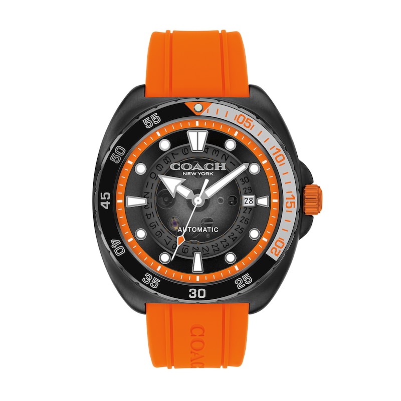 Main Image 1 of Men's Coach Charter Automatic Black IP Orange Silicone Strap Watch with Black Dial (Model: 14602716)