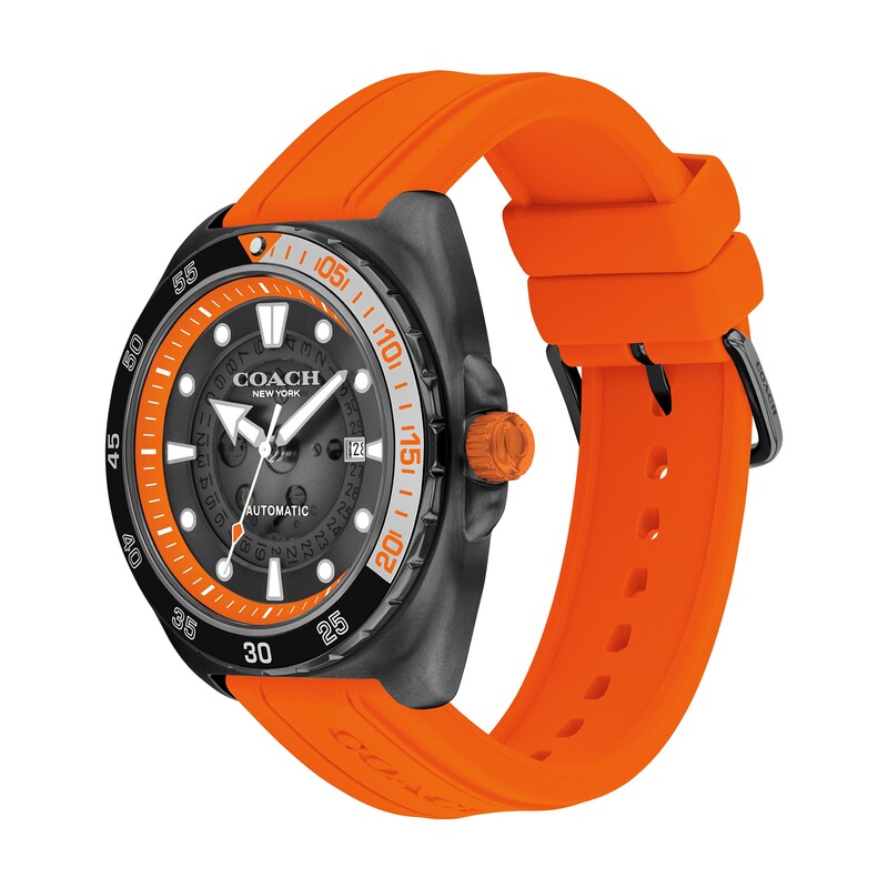 Main Image 2 of Men's Coach Charter Automatic Black IP Orange Silicone Strap Watch with Black Dial (Model: 14602716)