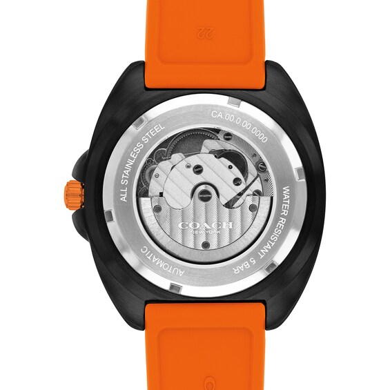 Men's Coach Charter Automatic Black IP Orange Silicone Strap Watch with Black Dial (Model: 14602716)