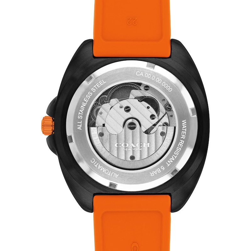 Main Image 3 of Men's Coach Charter Automatic Black IP Orange Silicone Strap Watch with Black Dial (Model: 14602716)