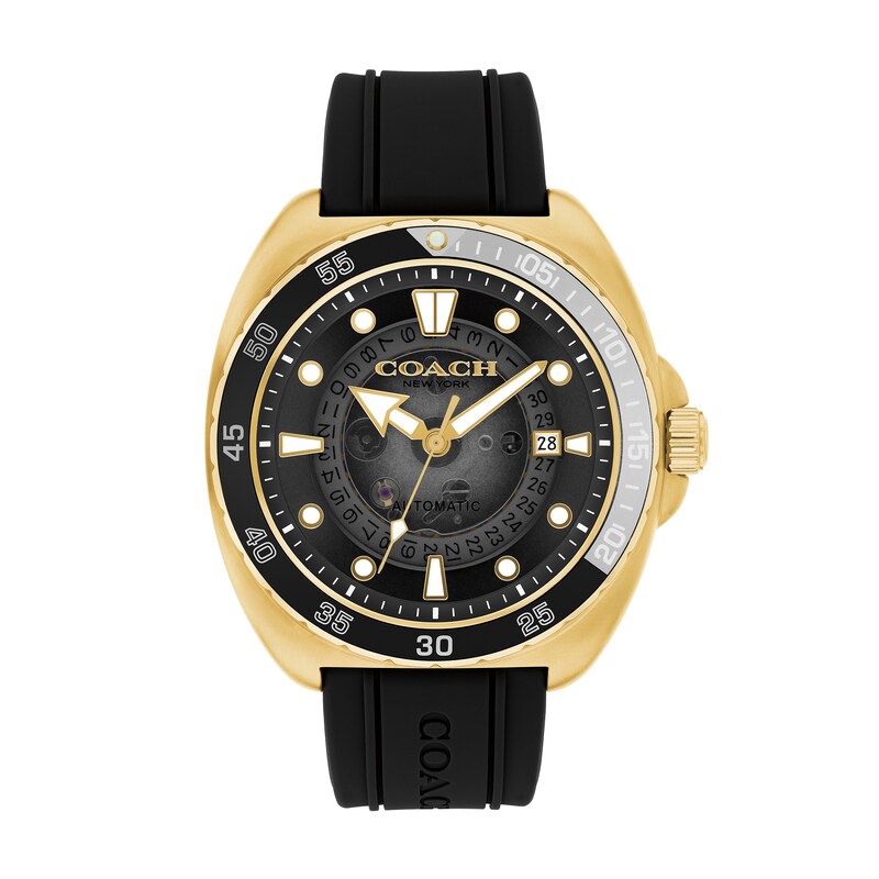 Main Image 1 of Men's Coach Charter Automatic Gold-Tone IP Black Silicone Strap Watch with Black Dial (Model: 14602718)