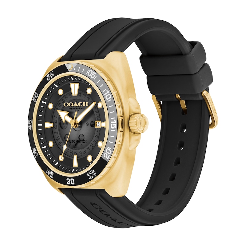 Main Image 2 of Men's Coach Charter Automatic Gold-Tone IP Black Silicone Strap Watch with Black Dial (Model: 14602718)