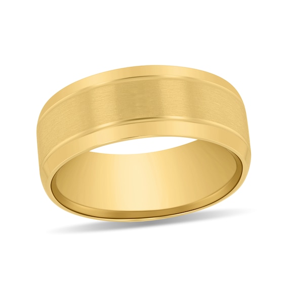 Men's 8.0mm Brushed Center Comfort-Fit Engravable Wedding Band in 14K Gold (1 Line)