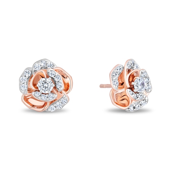 Enchanted Disney Belle Certified Lab-Grown Diamond Rose Stud Earrings in Sterling Silver with 14K Rose Gold Plate