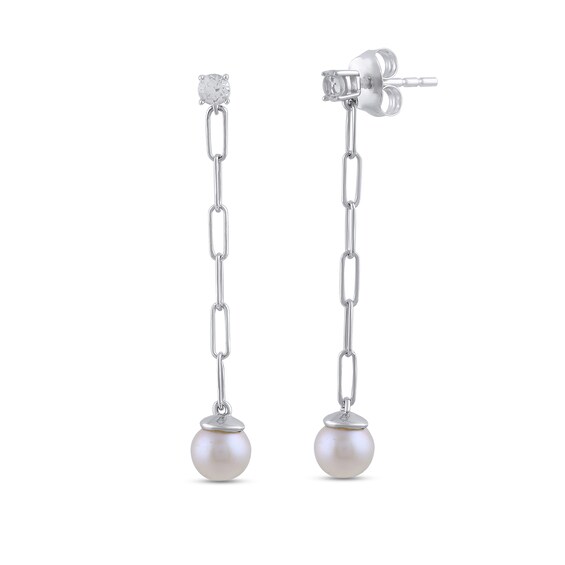 6.0mm Freshwater Cultured Pearl and White Lab-Created Sapphire Chain Drop Earrings in Sterling Silver