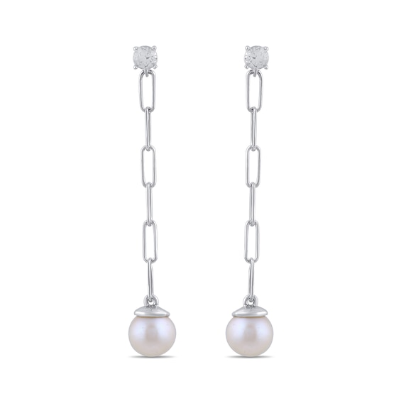 6.0mm Freshwater Cultured Pearl and White Lab-Created Sapphire Chain Drop Earrings in Sterling Silver