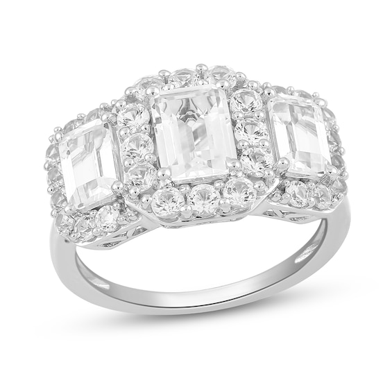 Emerald-Cut White Lab-Created Sapphire Three-Stone Frame Ring in Sterling Silver