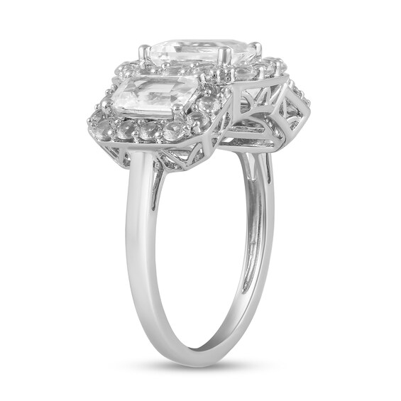 Emerald-Cut White Lab-Created Sapphire Three-Stone Frame Ring in Sterling Silver