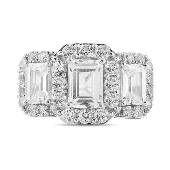 Emerald-Cut White Lab-Created Sapphire Three-Stone Frame Ring in Sterling Silver