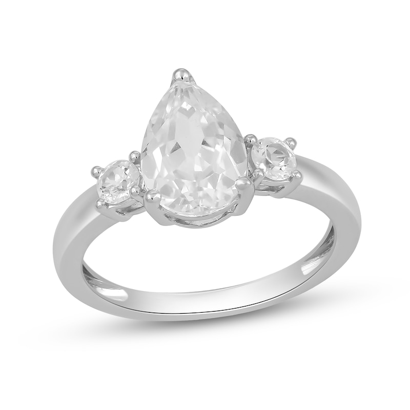Main Image 1 of Pear-Shaped and Round White Lab-Created Sapphire Three-Stone Ring in Sterling Silver