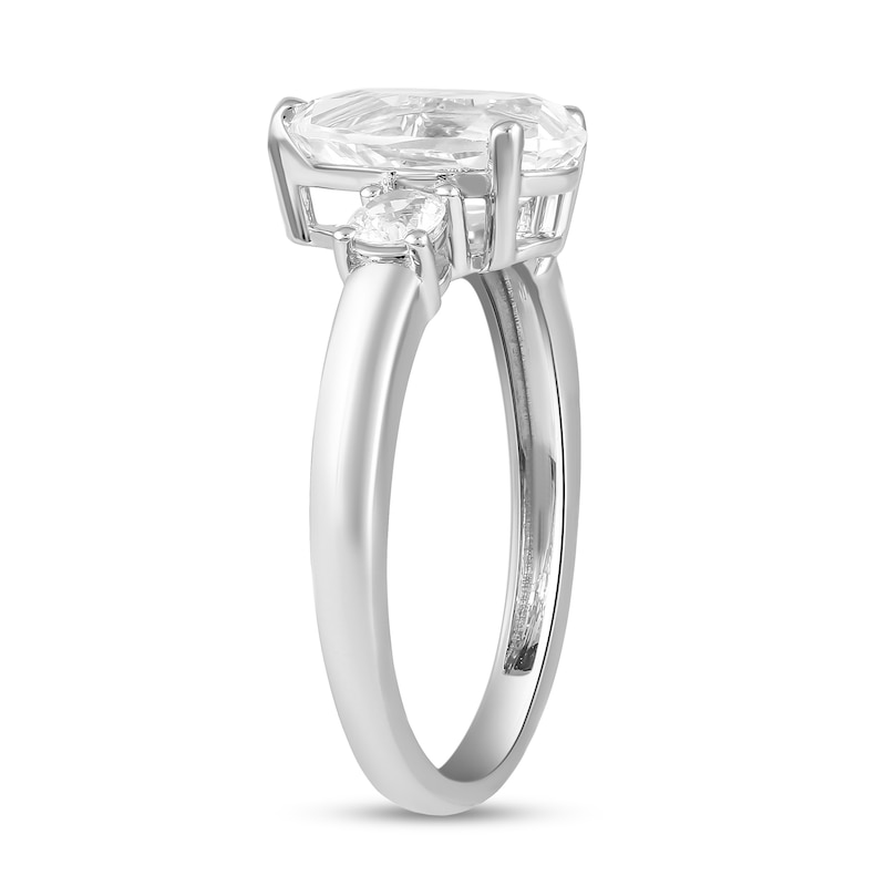 Main Image 2 of Pear-Shaped and Round White Lab-Created Sapphire Three-Stone Ring in Sterling Silver