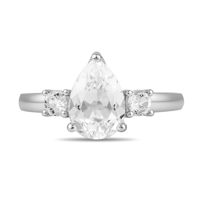 Main Image 3 of Pear-Shaped and Round White Lab-Created Sapphire Three-Stone Ring in Sterling Silver