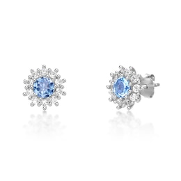 5.0mm Sky Blue Topaz and White Lab-Created Sapphire Sunburst Frame Stud Earrings in Sterling Silver