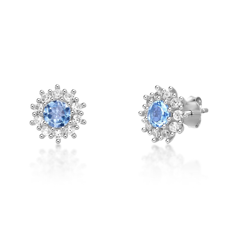 Main Image 1 of 5.0mm Sky Blue Topaz and White Lab-Created Sapphire Sunburst Frame Stud Earrings in Sterling Silver