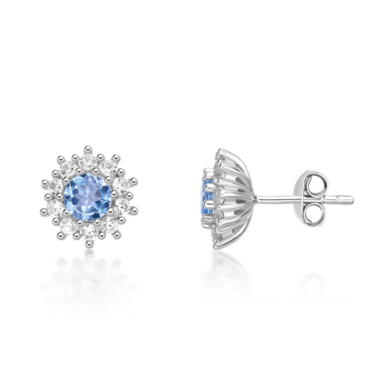 Main Image 2 of 5.0mm Sky Blue Topaz and White Lab-Created Sapphire Sunburst Frame Stud Earrings in Sterling Silver
