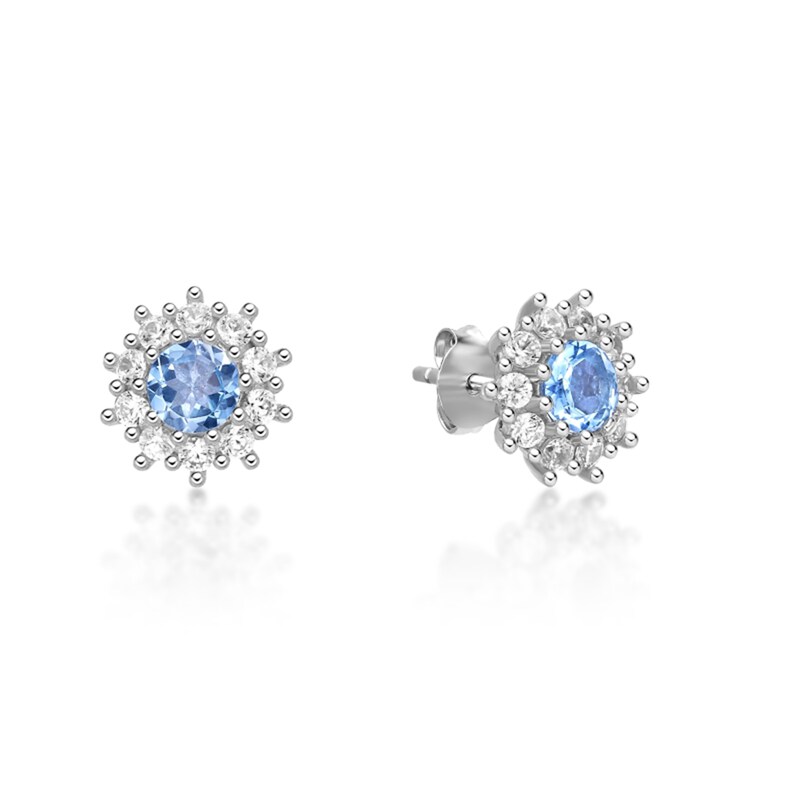 Main Image 3 of 5.0mm Sky Blue Topaz and White Lab-Created Sapphire Sunburst Frame Stud Earrings in Sterling Silver