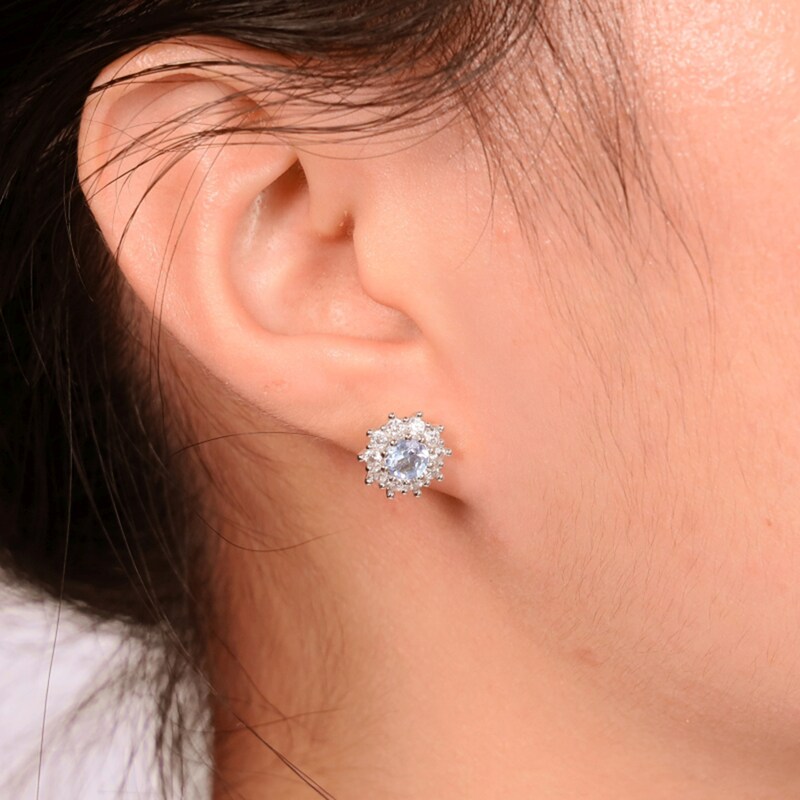 Main Image 4 of 5.0mm Sky Blue Topaz and White Lab-Created Sapphire Sunburst Frame Stud Earrings in Sterling Silver