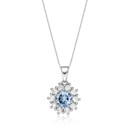 7.0mm Sky Blue Topaz and White Lab-Created Sapphire Sunburst Frame Pendant in Sterling Silver