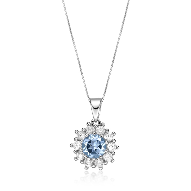 Main Image 1 of 7.0mm Sky Blue Topaz and White Lab-Created Sapphire Sunburst Frame Pendant in Sterling Silver