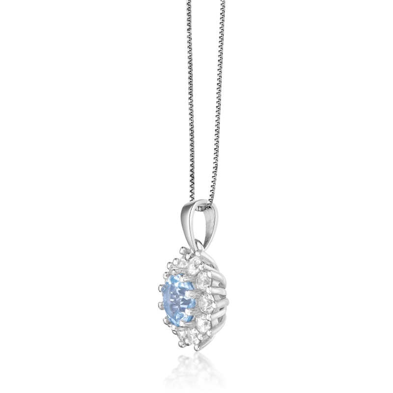 Main Image 2 of 7.0mm Sky Blue Topaz and White Lab-Created Sapphire Sunburst Frame Pendant in Sterling Silver