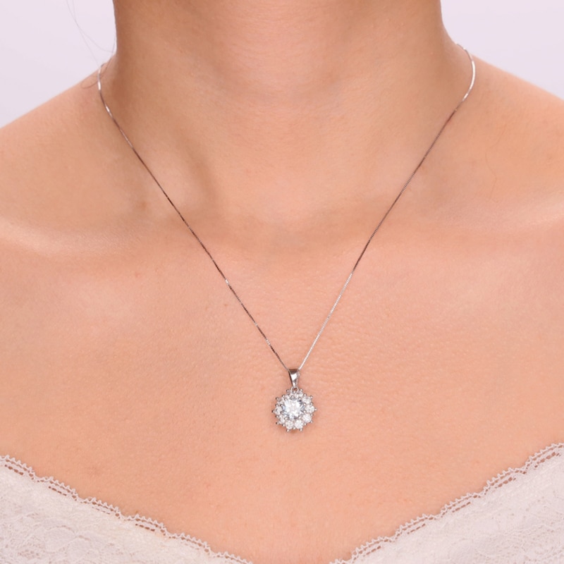 Main Image 4 of 7.0mm Sky Blue Topaz and White Lab-Created Sapphire Sunburst Frame Pendant in Sterling Silver