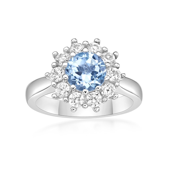 7.0mm Sky Blue Topaz and White Lab-Created Sapphire Sunburst Frame Ring in Sterling Silver
