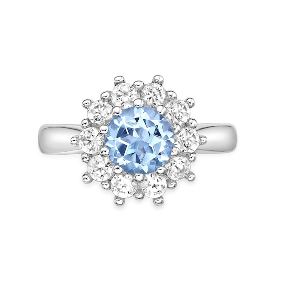 7.0mm Sky Blue Topaz and White Lab-Created Sapphire Sunburst Frame Ring in Sterling Silver