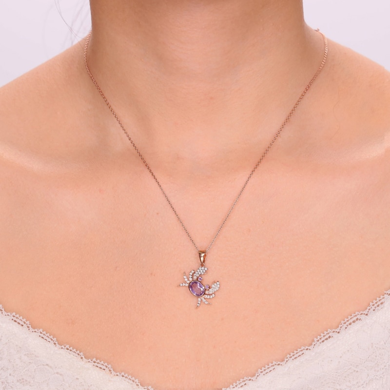 Main Image 3 of Oval and Round Amethyst with White Topaz Tilted Crab Pendant in Sterling Silver with 18K Rose Gold Plate