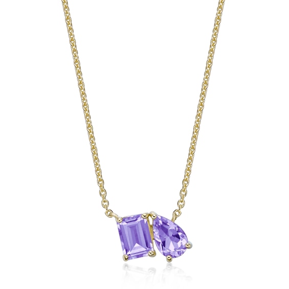 Pear-Shaped and Emerald-Cut Amethyst Toi et Moi Necklace in Sterling Silver with 18K Gold Plate