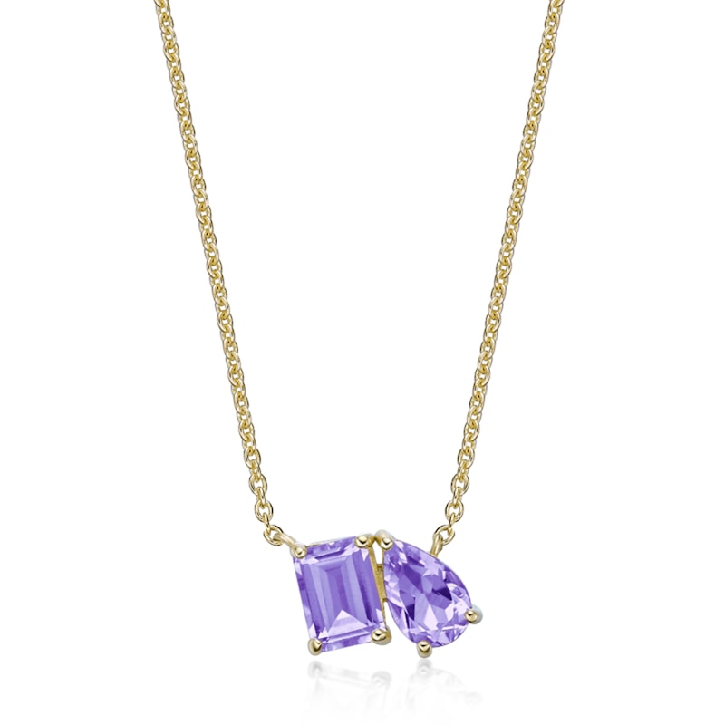 Main Image 1 of Pear-Shaped and Emerald-Cut Amethyst Toi et Moi Necklace in Sterling Silver with 18K Gold Plate