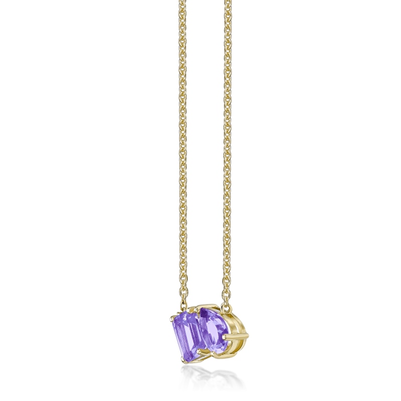 Main Image 2 of Pear-Shaped and Emerald-Cut Amethyst Toi et Moi Necklace in Sterling Silver with 18K Gold Plate