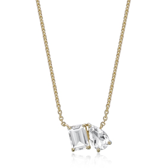 Pear-Shaped and Emerald-Cut White Topaz Toi et Moi Necklace in Sterling Silver with 18K Gold Plate