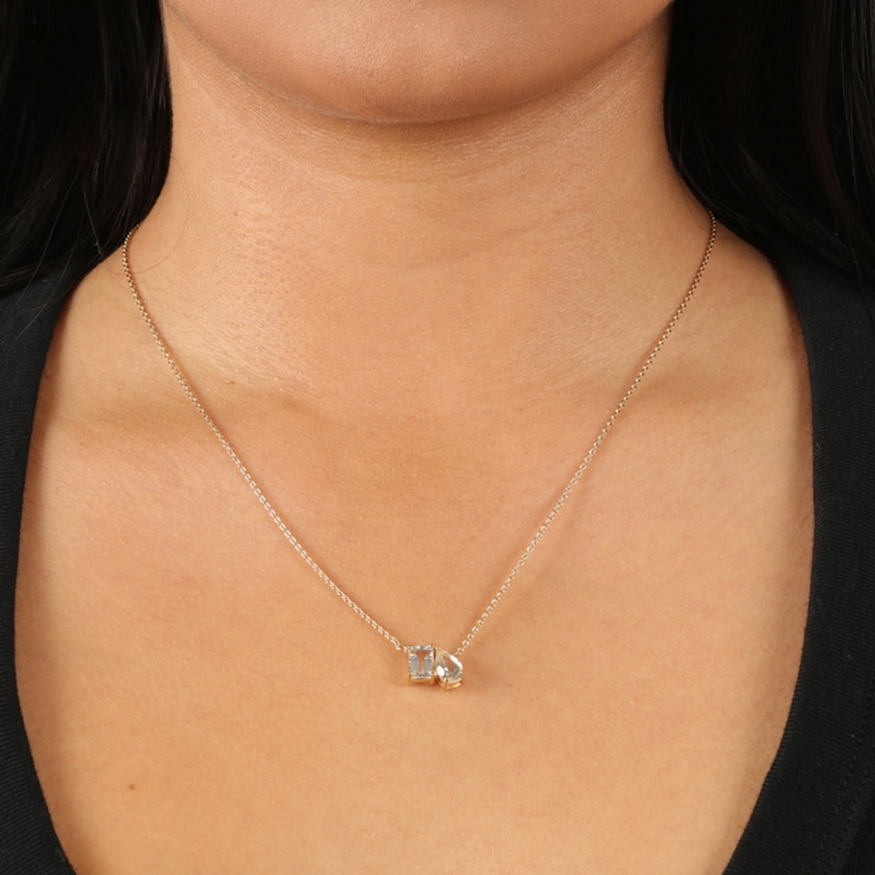 Main Image 4 of Pear-Shaped and Emerald-Cut White Topaz Toi et Moi Necklace in Sterling Silver with 18K Gold Plate