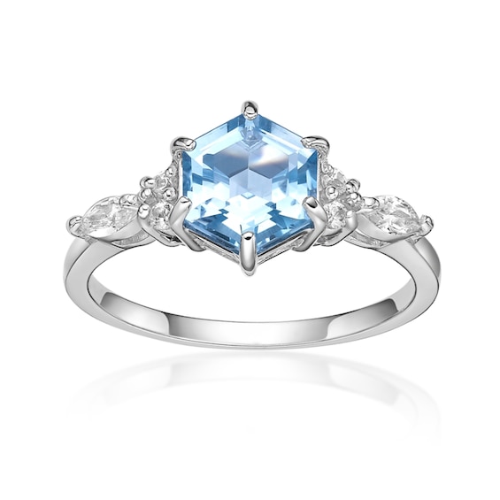 7.0mm Hexagon-Shaped Sky Blue Topaz and White Lab-Created Sapphire Ring in Sterling Silver