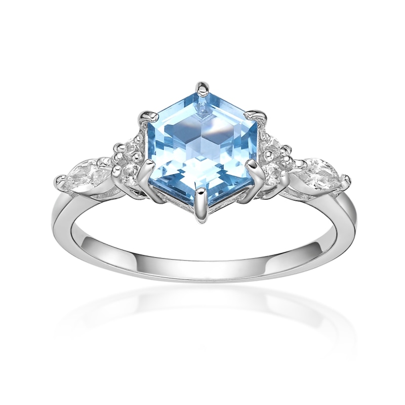 Main Image 1 of 7.0mm Hexagon-Shaped Sky Blue Topaz and White Lab-Created Sapphire Ring in Sterling Silver