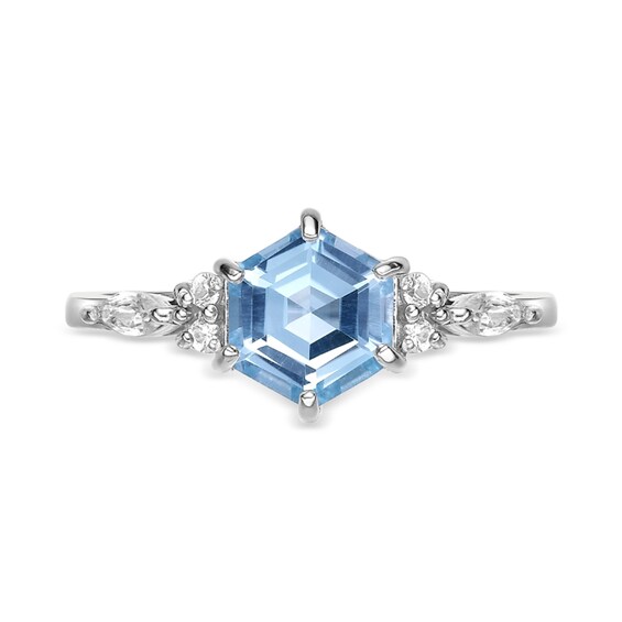 7.0mm Hexagon-Shaped Sky Blue Topaz and White Lab-Created Sapphire Ring in Sterling Silver