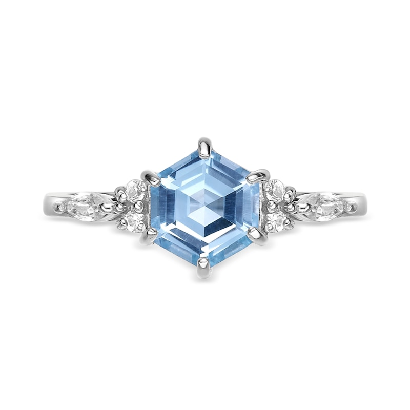 Main Image 2 of 7.0mm Hexagon-Shaped Sky Blue Topaz and White Lab-Created Sapphire Ring in Sterling Silver