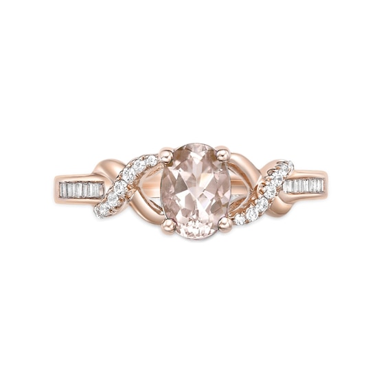 Oval Morganite and 1/6 CT. T.w. Diamond Crossover Split Shank Ring in 10K Rose Gold