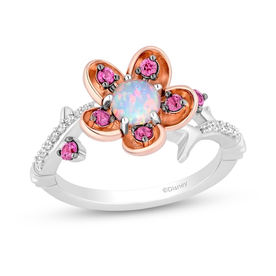 Enchanted Disney Mulan Lab-Created Opal and Rhodolite Garnet with Diamond Flower Ring in Sterling Silver and Rose Gold